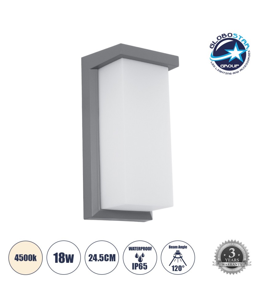 GLOBOSTAR® LOFT 60759 Μοντέρνο Φωτιστικό Τοίχου - Απλίκα LED 18W 1890lm 120° AC 220-240V Αδιάβροχο IP65 Φυσικό Λευκό 4500K - Bridgelux SMD Chip - Γκρι Ματ - Μ24.5 x Π11 x Υ9.5cm - 3 Χρόνια Εγγύηση